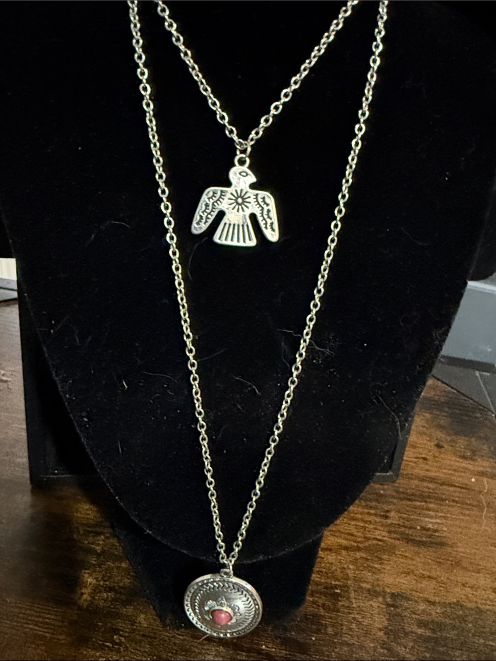 Silver-Tone Layered Thunderbird Necklace with Coral Accent